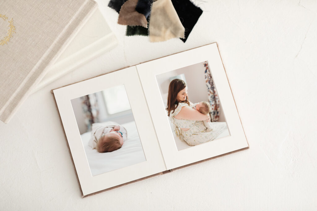Image of a matted photo album of an in home newborn photo session with natural light